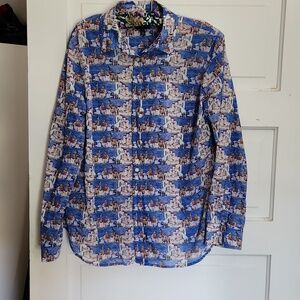 Talbots Mediterranean Print Button Up Shirt Medium Blue Lightweight Artsy Chic